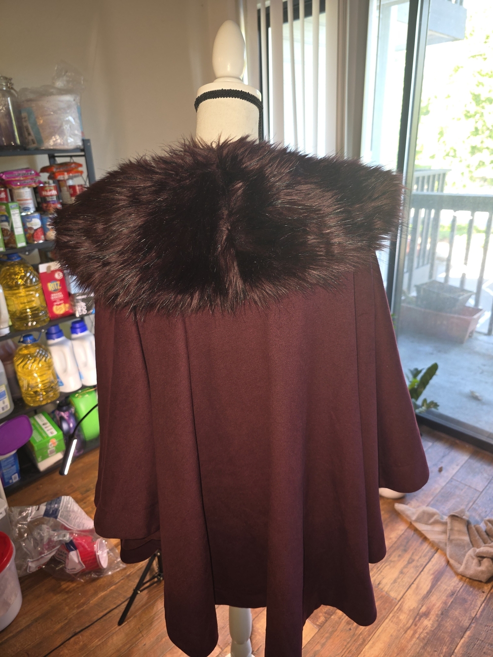 Adrienne Vittadini Wine Faux Fur Collar Cape